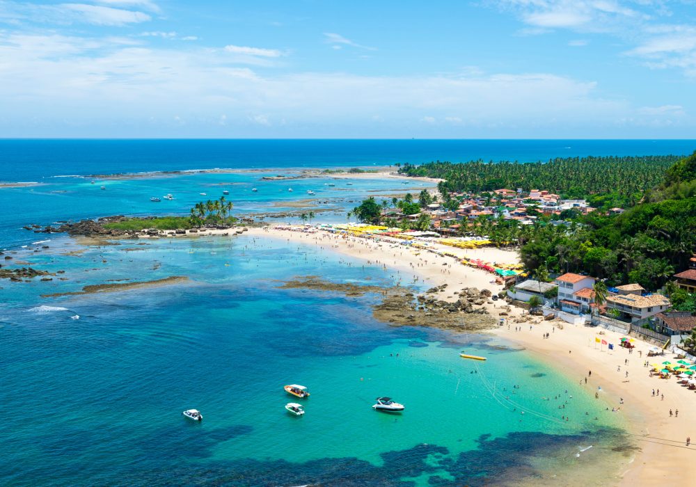 Scenic overlook of the First and Second beaches at the resort destination of Morro de Sao Paulo in Bahia, Brazil